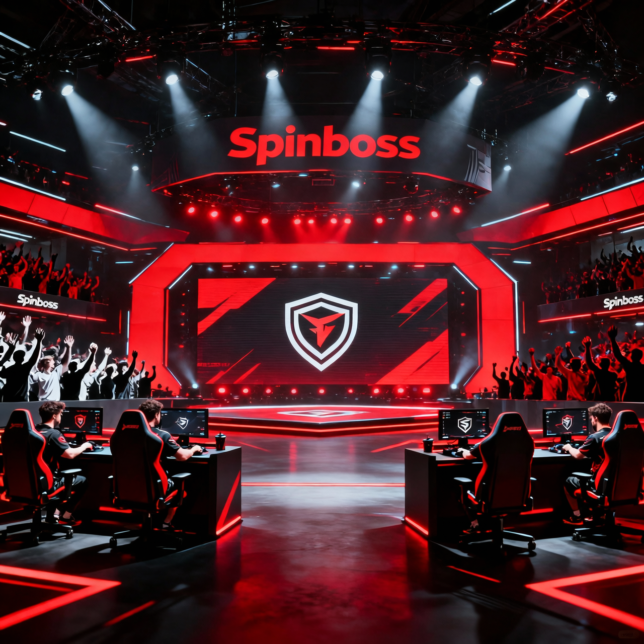 Spinboss tournament arena stage with red lighting and cheering crowd